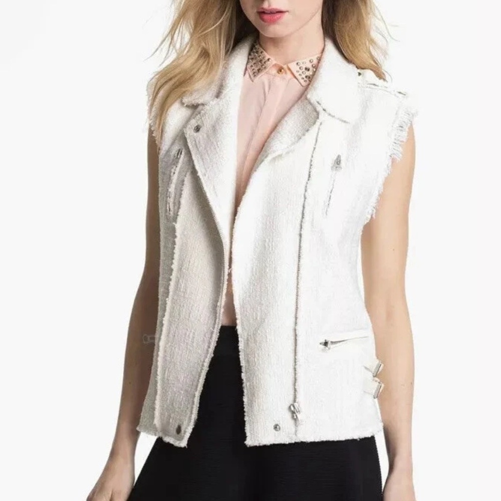 Rebecca Taylor Tweed Moto Vest Lamb Leather Details Silver Hardware Neutral